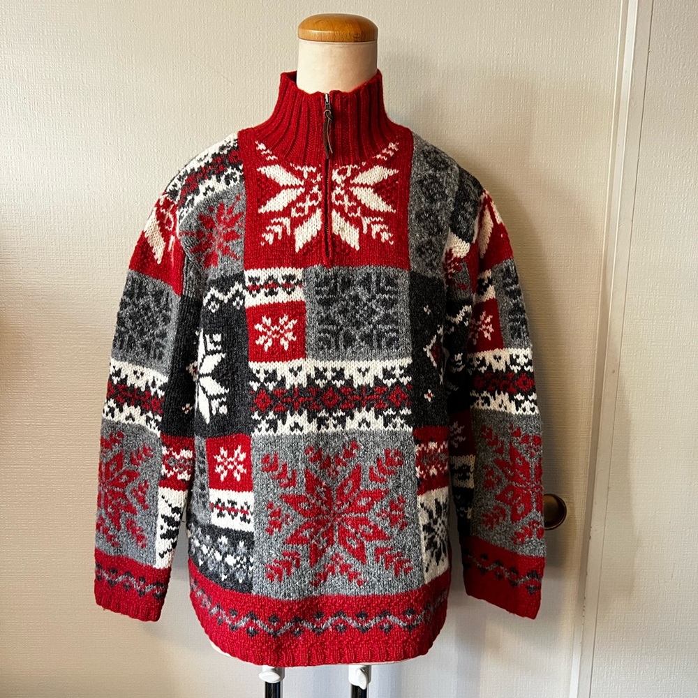 RALPH LAUREN Vintage Handknit Wool Quarter Zip Nordic Snowflake Winter Sweater